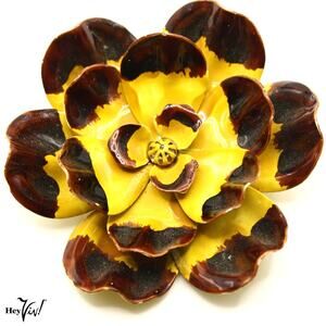 Vintage Enamel Flower Pin Gold Yellow Brown Statement Piece 3" Across - Hey Viv